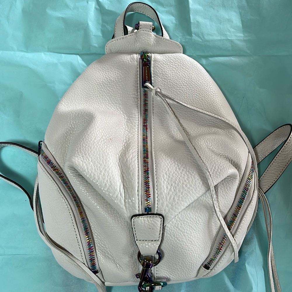 🦄Rebecca Minkoff White Pebbled Leather Backpack with Multicolor Trim 🦄